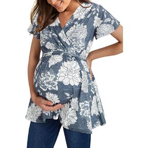 OUGES Women's Wrap Tie Back Short Sleeve Summer Maternity Nursing Tops 2026 | Breathable, Stretchy, Nursing Breastfeeding Shirts, Summer Casual Maternity Tops, Pleated, Adjustable Tie Back,Daily Wear in Saudi Arabia