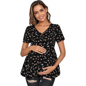 بلوزة نسائية من Floerns للحمل برقبة على شكل حرف V وأكمام قصيرة وأزرار أمامية من Peplum