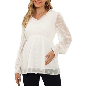 Maacie الأمومة النقاط السويسرية قمم طويلة الأكمام الخامس الرقبة مثير الدانتيل بوم بوم بلوزة شيفون in Kuwait