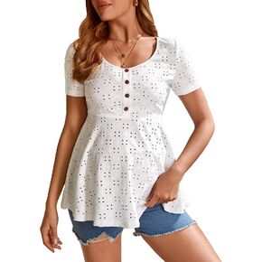 MakeMeChic Women's Maternity Summer Shirts Short Sleeve Button Front Eyelet Peplum Tops