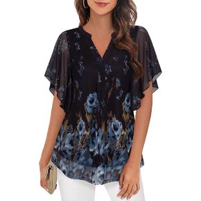Timeson Women's Short Sleeve V Neck Blouses Shirts Floral Double Layers Mesh Tunics Tops