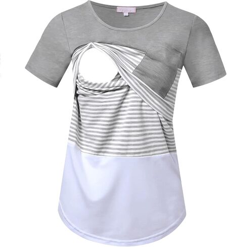 Bhome Nursing Tshirt Color Block Maternity Top Sleeve Top للرضاعة الطبيعية قميص الحمل مع جيب in Kuwait