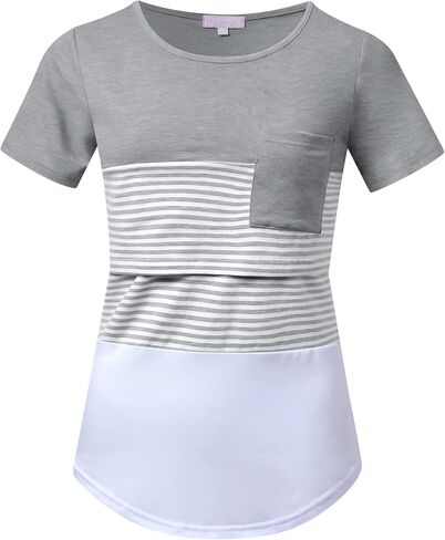 Bhome Nursing Tshirt Color Block Maternity Top Sleeve Top للرضاعة الطبيعية قميص الحمل مع جيب in Kuwait