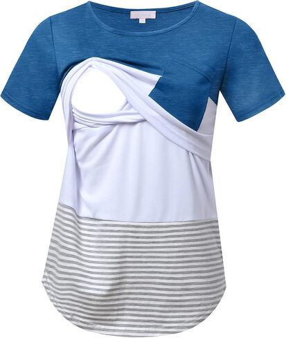 Bhome Nursing Tshirt Color Block Maternity Top Sleeve Top للرضاعة الطبيعية قميص الحمل مع جيب in Kuwait