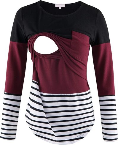 Bhome Nursing Tshirt Color Block Maternity Top Sleeve Top للرضاعة الطبيعية قميص الحمل مع جيب in Kuwait