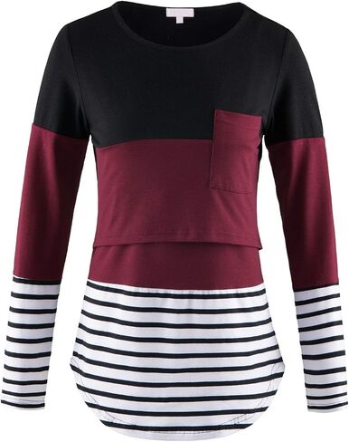 Bhome Nursing Tshirt Color Block Maternity Top Sleeve Top للرضاعة الطبيعية قميص الحمل مع جيب in Kuwait