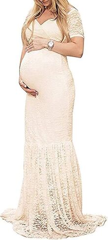 ZIUMUDY Womens Off Shoulder Short Sleeve V Neck Lace Maternity Gown Maxi Photography Dress in Saudi Arabia