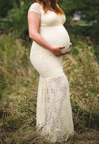ZIUMUDY Womens Off Shoulder Short Sleeve V Neck Lace Maternity Gown Maxi Photography Dress in Saudi Arabia