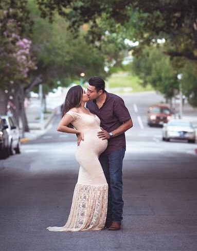 ZIUMUDY Womens Off Shoulder Short Sleeve V Neck Lace Maternity Gown Maxi Photography Dress in Saudi Arabia