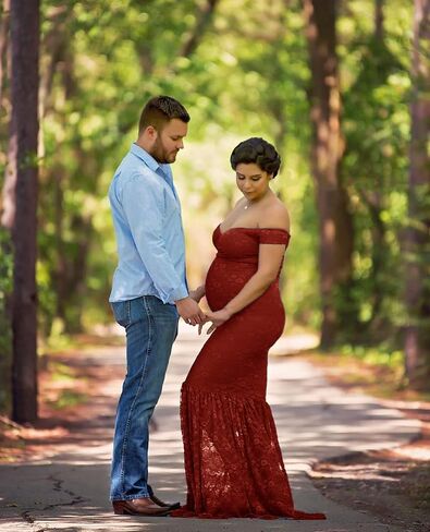 ZIUMUDY Womens Off Shoulder Short Sleeve V Neck Lace Maternity Gown Maxi Photography Dress in Saudi Arabia