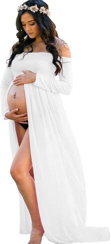 YnimioAOX Women's Off Shoulder Long Sleeve Maternity Dress for Photography Chiffon Maternity Gown for Photoshoot in Saudi Arabia