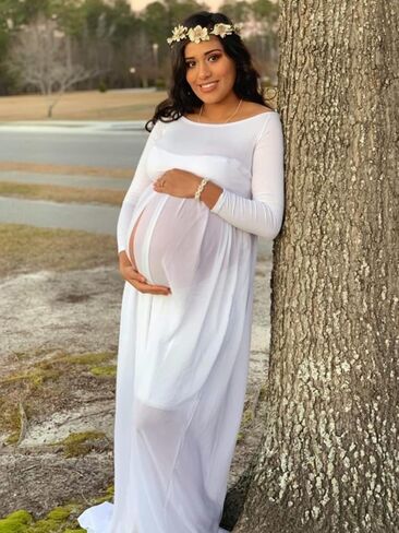 YnimioAOX Women's Off Shoulder Long Sleeve Maternity Dress for Photography Chiffon Maternity Gown for Photoshoot in Saudi Arabia