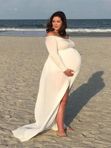YnimioAOX Women's Off Shoulder Long Sleeve Maternity Dress for Photography Chiffon Maternity Gown for Photoshoot in Saudi Arabia
