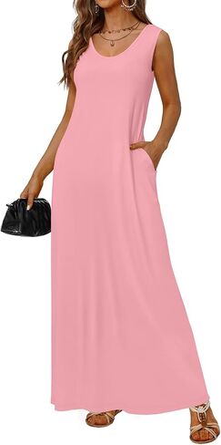 OFEEFAN Women's Maxi Dresses Summer Spaghetti Strap Dress with Pockets in Kuwait