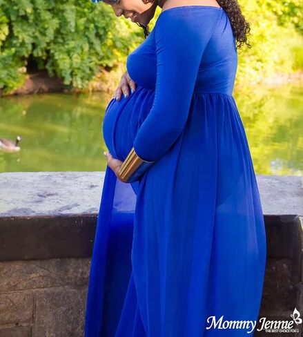 Mommy Jennie Maternity Dress Off Shoulder Long Sleeve Split Front Chiffon Gown for Photoshoot in Saudi Arabia