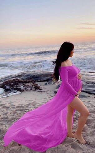 Mommy Jennie Maternity Dress Off Shoulder Long Sleeve Split Front Chiffon Gown for Photoshoot in Saudi Arabia