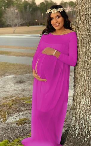 Mommy Jennie Maternity Dress Off Shoulder Long Sleeve Split Front Chiffon Gown for Photoshoot in Saudi Arabia
