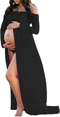 Mommy Jennie Maternity Dress Long Sleeve Gown for Photoshoot | Off Shoulder, Split Front, For Photography, Chiffon Shoot, Baby Shower, Beach Picture Dress, Maternity Photoshoot Outfits in Kuwait
