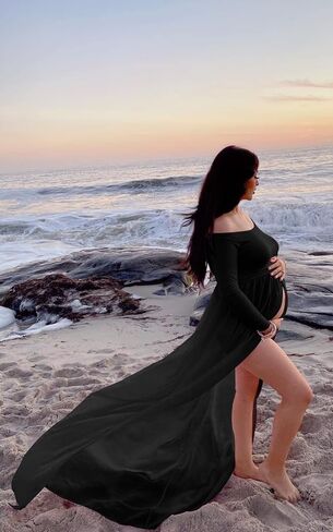 Mommy Jennie Maternity Dress Long Sleeve Gown for Photoshoot | Off Shoulder, Split Front, For Photography, Chiffon Shoot, Baby Shower, Beach Picture Dress, Maternity Photoshoot Outfits in Kuwait