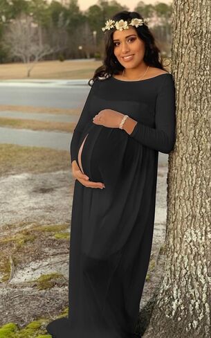 Mommy Jennie Maternity Dress Long Sleeve Gown for Photoshoot | Off Shoulder, Split Front, For Photography, Chiffon Shoot, Baby Shower, Beach Picture Dress, Maternity Photoshoot Outfits in Kuwait
