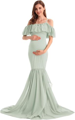 MYRISAM Women's Off Shoulder Ruffles Maternity Baby Shower Dress Mermaid Layerd Chiffon Wedding Party Slim Fitted Gown in Saudi Arabia