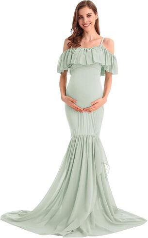 MYRISAM Women's Off Shoulder Ruffles Maternity Baby Shower Dress Mermaid Layerd Chiffon Wedding Party Slim Fitted Gown in Saudi Arabia