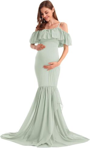 MYRISAM Women's Off Shoulder Ruffles Maternity Baby Shower Dress Mermaid Layerd Chiffon Wedding Party Slim Fitted Gown in Saudi Arabia