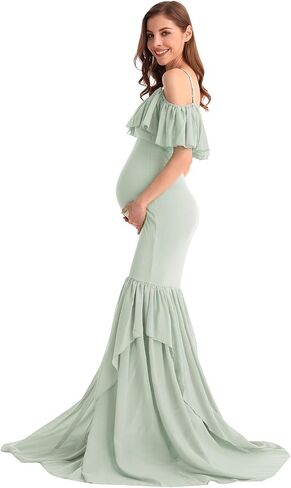MYRISAM Women's Off Shoulder Ruffles Maternity Baby Shower Dress Mermaid Layerd Chiffon Wedding Party Slim Fitted Gown in Saudi Arabia