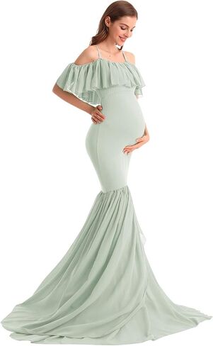 MYRISAM Women's Off Shoulder Ruffles Maternity Baby Shower Dress Mermaid Layerd Chiffon Wedding Party Slim Fitted Gown in Saudi Arabia