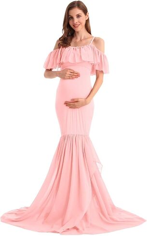 MYRISAM Women's Off Shoulder Ruffles Maternity Baby Shower Dress Mermaid Layerd Chiffon Wedding Party Slim Fitted Gown in Saudi Arabia