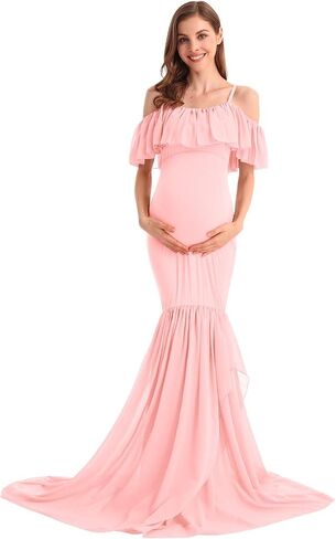 MYRISAM Women's Off Shoulder Ruffles Maternity Baby Shower Dress Mermaid Layerd Chiffon Wedding Party Slim Fitted Gown in Saudi Arabia