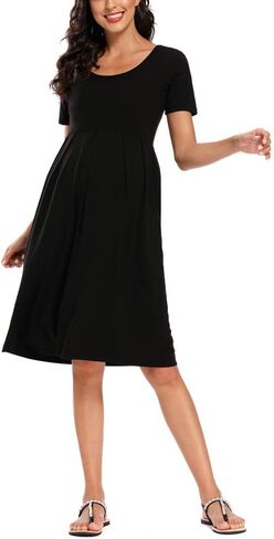 فستان حمل نسائي صيفي بأكمام قصيرة من BBHoping لعرض الأطفال | صورة ظلية على شكل حرف A، طول الركبة، جيبان جانبيان، نسيج ناعم ومسامي، مناسب لصدمات الحمل، ملابس يومية كاجوال in Kuwait