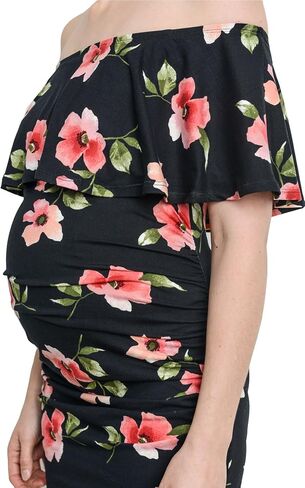 Hello MIZ Women's Floral Ruffle Off Shoulder Maternity Dress - Made in USA in Kuwait