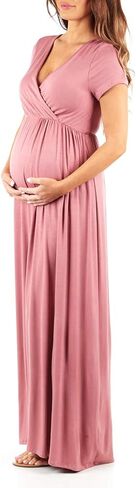 Mother Bee Maternity Short Sleeve Ruched Waist Faux Wrap Maxi Dress in Saudi Arabia