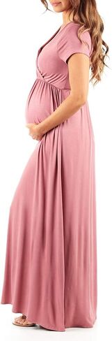 Mother Bee Maternity Short Sleeve Ruched Waist Faux Wrap Maxi Dress in Saudi Arabia