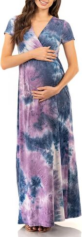 Mother Bee Maternity Short Sleeve Ruched Waist Faux Wrap Maxi Dress in Saudi Arabia