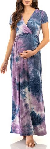 Mother Bee Maternity Short Sleeve Ruched Waist Faux Wrap Maxi Dress in Saudi Arabia