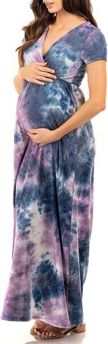 Mother Bee Maternity Short Sleeve Ruched Waist Faux Wrap Maxi Dress in Saudi Arabia