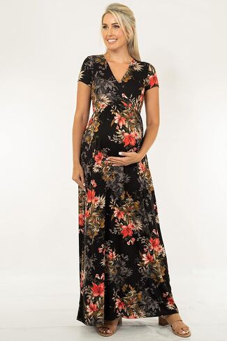 Mother Bee Maternity Short Sleeve Ruched Waist Faux Wrap Maxi Dress in Saudi Arabia