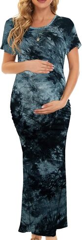 Smallshow Women's Split Long Short Sleeve Maternity Dress | Ruched, Pregnancy Clothes in Saudi Arabia