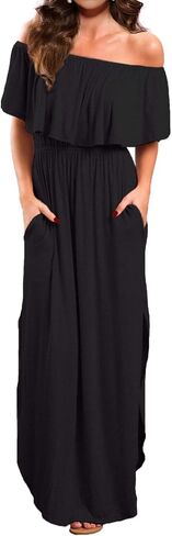 VERABENDI Women's Off Shoulder Summer Casual Long Ruffle Beach Maxi Dress with Pockets in Saudi Arabia