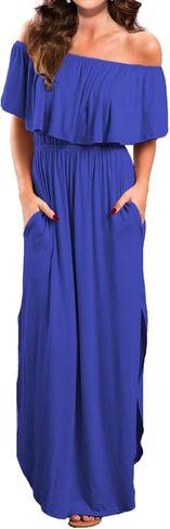 VERABENDI Women's Off Shoulder Summer Casual Long Ruffle Beach Maxi Dress with Pockets in Saudi Arabia