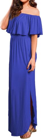 VERABENDI Women's Off Shoulder Summer Casual Long Ruffle Beach Maxi Dress with Pockets in Saudi Arabia