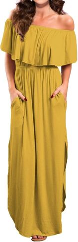 VERABENDI Women's Off Shoulder Summer Casual Long Ruffle Beach Maxi Dress with Pockets in Saudi Arabia