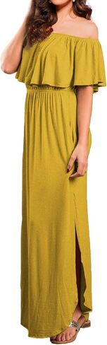 VERABENDI Women's Off Shoulder Summer Casual Long Ruffle Beach Maxi Dress with Pockets in Saudi Arabia