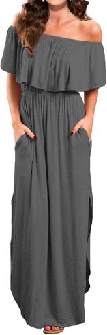 VERABENDI Women's Off Shoulder Summer Casual Long Ruffle Beach Maxi Dress with Pockets in Saudi Arabia