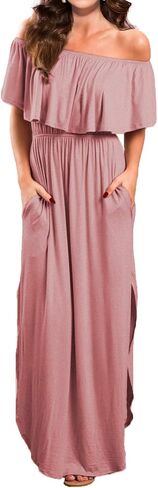 VERABENDI Women's Off Shoulder Summer Casual Long Ruffle Beach Maxi Dress with Pockets in Saudi Arabia