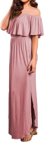 VERABENDI Women's Off Shoulder Summer Casual Long Ruffle Beach Maxi Dress with Pockets in Saudi Arabia