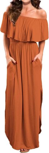 VERABENDI Women's Off Shoulder Summer Casual Long Ruffle Beach Maxi Dress with Pockets in Saudi Arabia