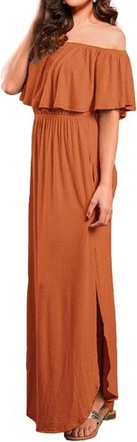 VERABENDI Women's Off Shoulder Summer Casual Long Ruffle Beach Maxi Dress with Pockets in Saudi Arabia